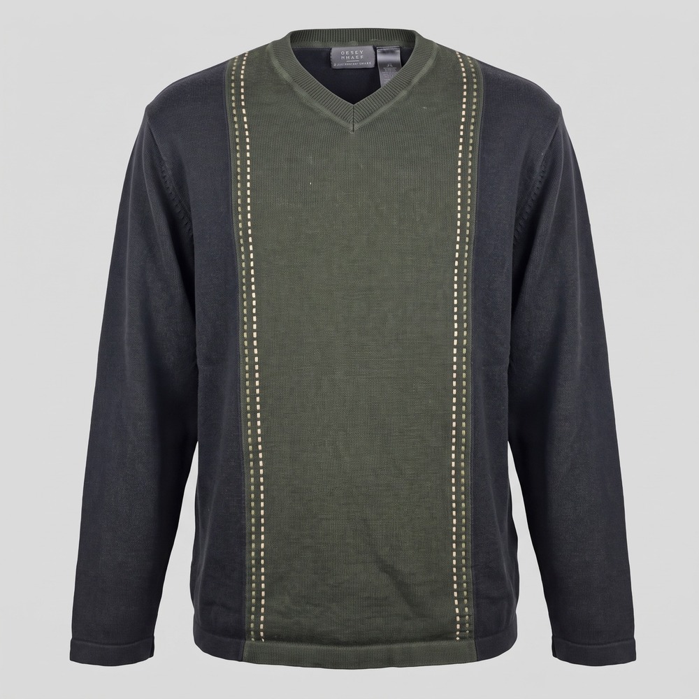 Crazy Horse Mens M Green Black Sweater V-Neck MHRU1045 Colorblock Dash Stitch